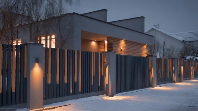 Modern house facade with illuminated fence in winter evening  