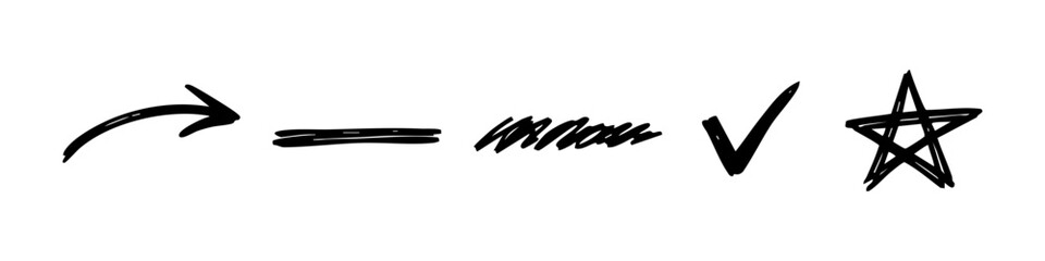 Fototapeta premium Set of hand-drawn black marker doodles featuring a curved arrow, lines, scribble, checkmark, and star isolated on a white background.