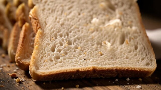 Close up of fresh sliced white bread on wooden surface with crumbs for baking or breakfast concept