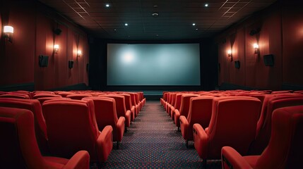 Fototapeta premium The interior of a movie theater. The room features a large projection screen and a row of red, soft seats.