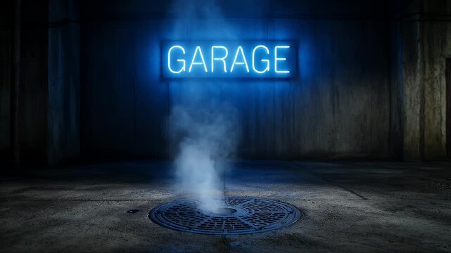 Blue neon "GARAGE" sign glows above steam rising from a manhole in a dark space