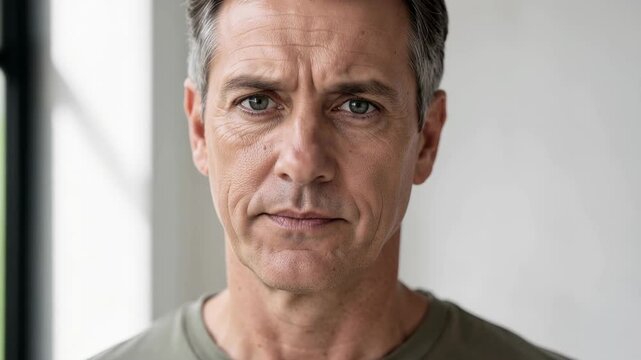 Close up of serious mature man with gray hair looking at camera with neutral expression indoors