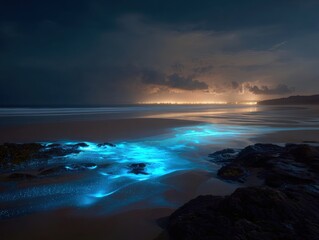 Naklejka premium Bioluminescent waves glowing on a dark beach at night