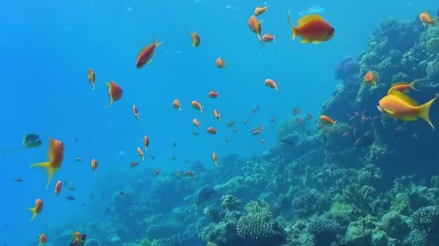 Brilliant orange fish, like living jewels, gracefully swim through a sunlit underwater coral garden. This vibrant marine realm pulses with life, showcasing natures dazzling artistry.