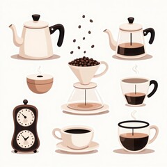 Obraz premium Set of coffee brewing equipment icons with pour over dripper kettle beans cups and grinder clock