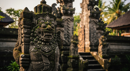 Obraz premium Detailed view of a carved stone guardian figure adorned with intricate ornaments and green moss inside a Balinese temple complex.