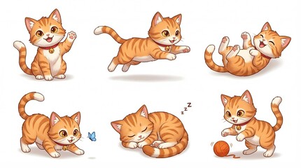 Obraz premium Cat Character Set Orange Cat Playing and Sleeping in Various Cartoon Poses