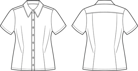 Technical flat sketch, short sleeve shirt design, women’s fashion garment, vector illustration, CAD drawing, apparel template, clothing pattern, princess seam detail © BlendCraft