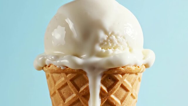 Close up of vanilla ice cream in waffle cone against blue background