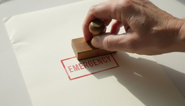 Emergency Stamp: A close-up shot shows a hand firmly pressing a wooden stamp onto a document, imprinting the word EMERGENCY in a bold, red font, conveying urgency.