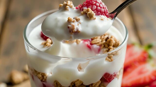 Close up of yogurt parfait with fresh berries and granola in a clear glass