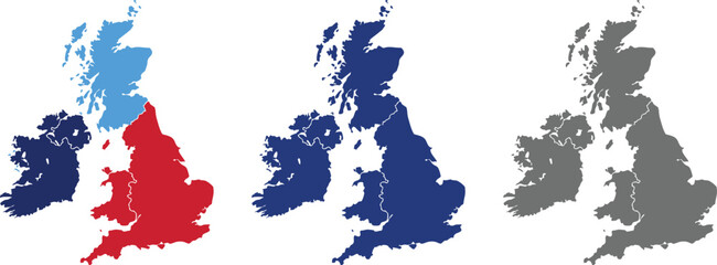 United Kingdom Map Vector Illustration. Set of 4 political maps Flag Colors, Blue Silhouette UK Country Outline Isolated on Transperant Background. © Ms