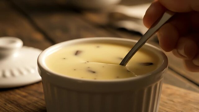 Creamy soup in ceramic ramekin with spoon on wooden surface
