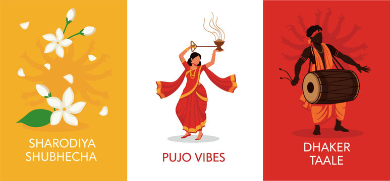 Durga Puja Flat Illustration Banner Set with Dhunuchi Dance, Dhak Player, and Shiuli Flowers