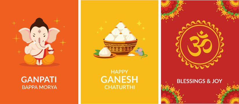Ganesh Chaturthi Greeting Cards Set with Lord Ganesha, Modak and Om Symbol, Flat Illustration