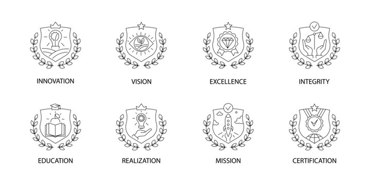 Mission and Values Icon Set with wreaths and shields. Retro Botanical Emblems for Vision, Excellence