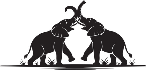 Two elephants in silhouette facing each other with trunks intertwined on grassy ground © MDSHOFIQUL