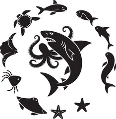 Underwater sea life collection featuring shark octopus turtle and various fish silhouettes © MDSHOFIQUL