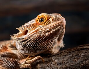 Fototapeta premium bearded dragon resting on log spiky scales textured skin alert eyes reptile