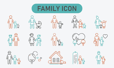 Family and parenting line icon set. Vector pictograms of couples, single parents, children, elderly, baby, newborn, teenager thin linear illustration.