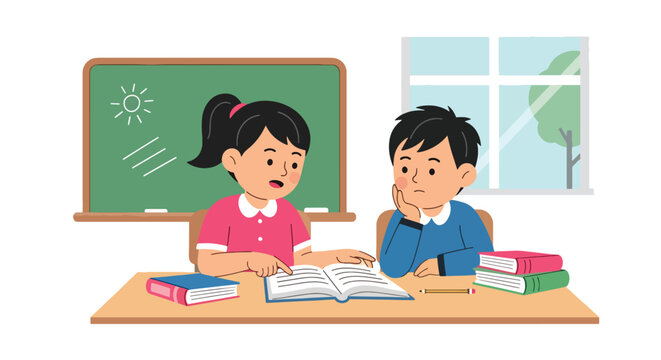 Modern vector illustration of student helping classmate understand lesson. Peer support, empathy and collaborative learning concept in positive classroom environment