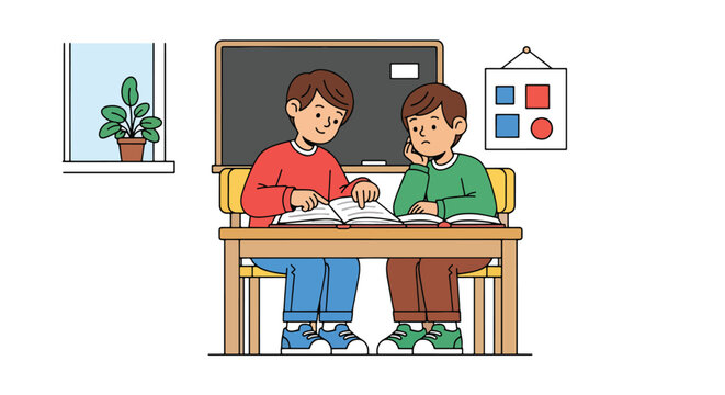 Modern vector illustration of student helping classmate understand lesson. Peer support, empathy and collaborative learning concept in positive classroom environment