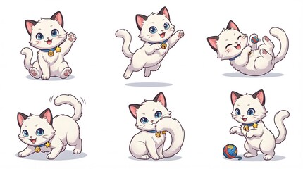 White Cat Cartoon Set Character Playing and Having Fun
