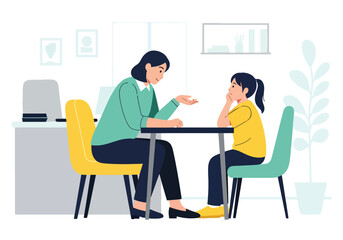 Modern vector illustration of school counselor talking privately with student about feelings. Mental health awareness and emotional support concept in education setting