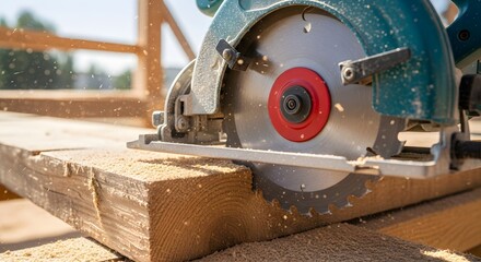 Circular saw cutting through a wooden beam