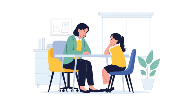 Modern vector illustration of school counselor talking privately with student about feelings. Mental health awareness and emotional support concept in education setting