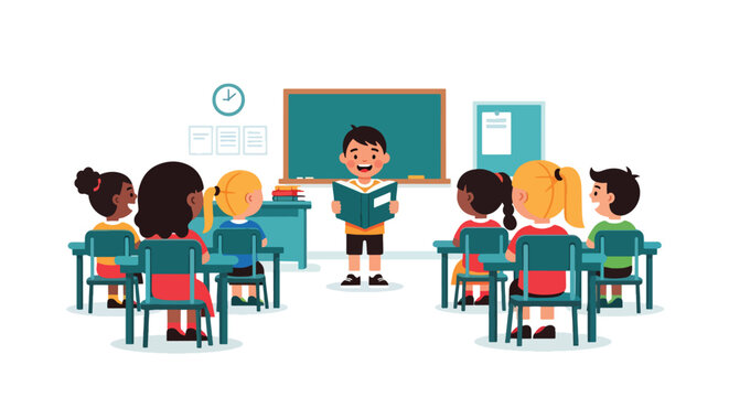 Modern vector illustration of child confidently reading book aloud in classroom. Literacy development, public speaking and self confidence education concept
