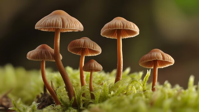 Cluster of mushrooms growing on a moss-covered forest floor