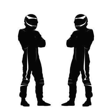 Two racing driver silhouettes helmet arms crossed facing vector motorsport illustration pair set