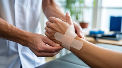 Soft clinical taping scene with a medical professional applying blue tape to a wrist in gentle daylight, forming a calm minimalist composition with clean textures and neutral tones.