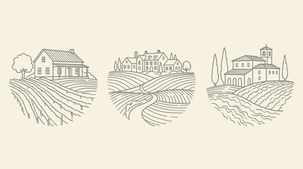 Naklejka premium Rural countryside village and vineyard icon set in line art style, farmhouses, rolling fields, trees, and Tuscan buildings.