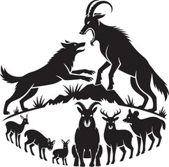 Fototapeta premium Wolf fighting ram goat deer rabbit animals on rocky mountain nature scene wildlife