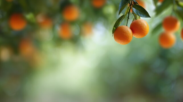 Blurry background of an orange grove with ripe fruits hanging from the trees