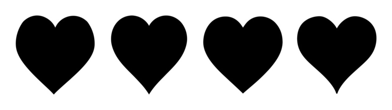 Four black hearts line vector illustration, flat design symbols