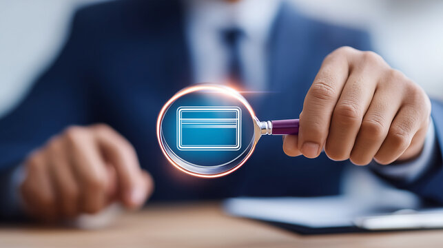 Hand holding a magnifying glass with a credit card symbol representing payment verification and fraud detection.
