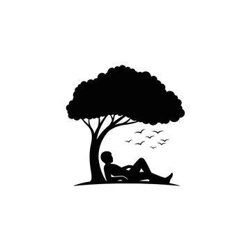 Minimalist black silhouette vector logo featuring a person relaxing peacefully under a large tree with birds, symbolizing calm, nature, and leisure