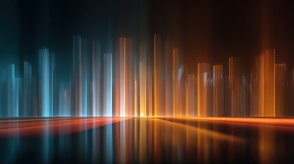 Abstract glowing city skyline with reflections