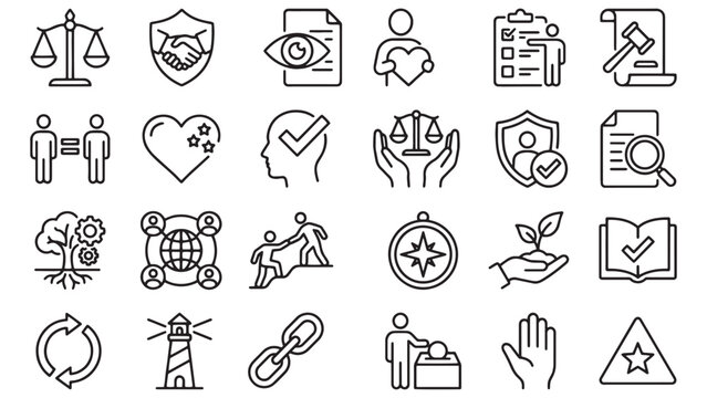 Corporate social responsibility and ethics outline icon set for sustainability, governance, community trust and organizational values design