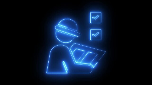 glowing neon Site Inspection Icon isolated on black background. Construction supervisor pointing icon, site inspection, safety management and industrial workflow concept. 4k video animation.