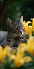 Naklejka premium Grey tabby cat with attentive gaze among yellow lilies in a shaded garden scene conveying calm curiosity
