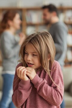 Stressed child covers her ears, looking at the camera with a sad face. Her parents fight in the blurred background. Concept of family conflict, divorce, domestic abuse. Muted colors, shallow focus.
