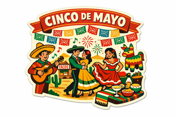 Retro 1950s Cinco de Mayo Fiesta Sticker with Papel Picado