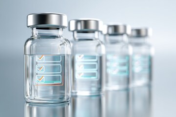 Multiple transparent medical containers arranged in a linear perspective, showcasing clear liquid and labeled checkboxes on the front of each vial in a clinical setting