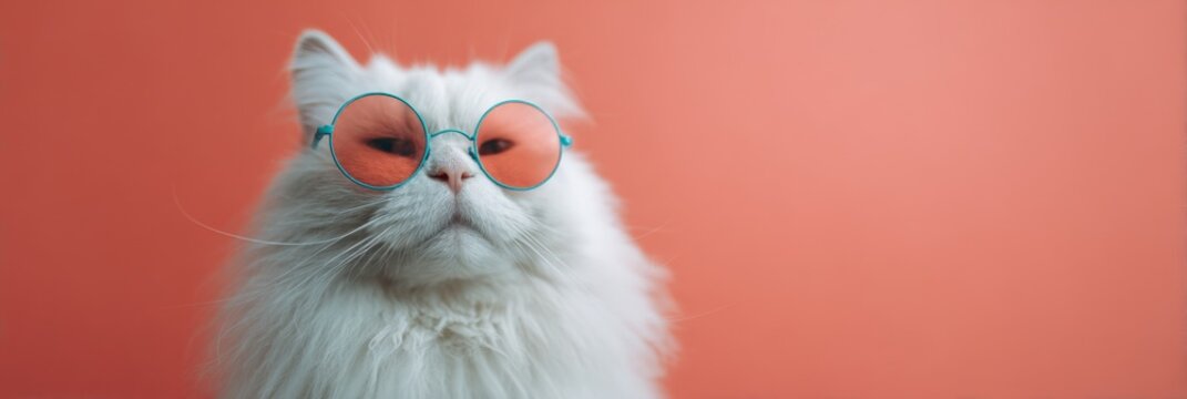 White longhaired cat wearing round pink sunglasses against coral background playful fluffy feline portrait with retro chic attitude