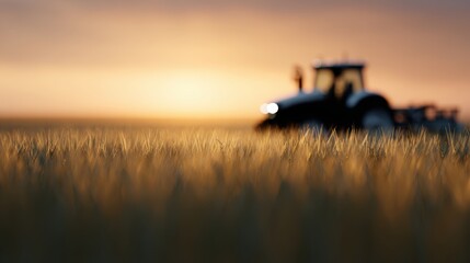 Fototapeta premium 3D render of a smart tractor driving itself in a field at sunset, autonomous farming
