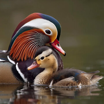 Mandarin ducks swimming together in serene water